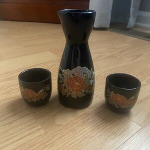 Vintage Japanese Black Ceramic Sake Set (Tokkuri & Ochoko) Hand-Painted